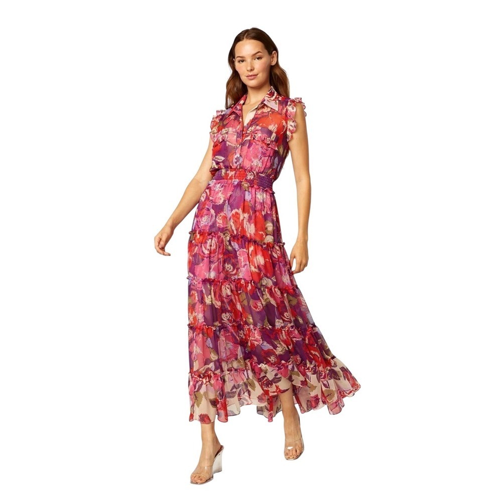 MISA Los Angeles Trina Lilac Coming Up Roses Floral Midi Dress Ruffle Trim XS